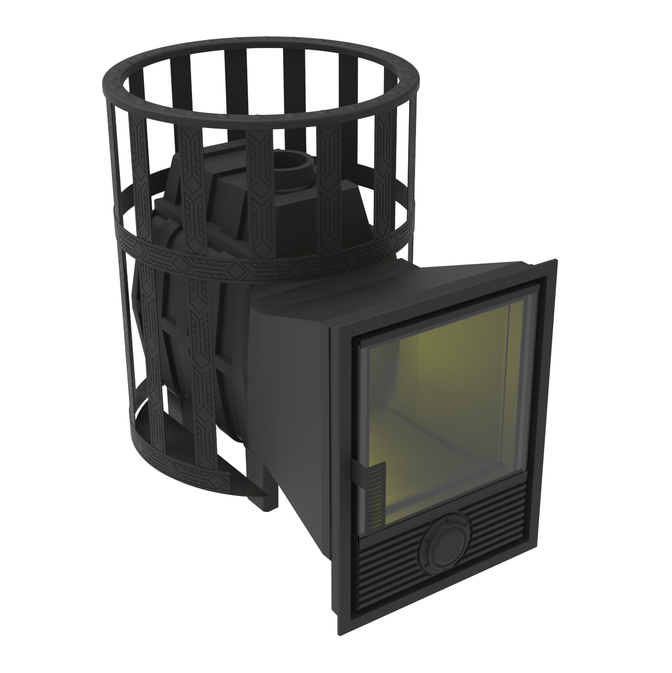 Печь-камин  чугунная для бани "Воевода" 15 Д-1 Сетч.кожух